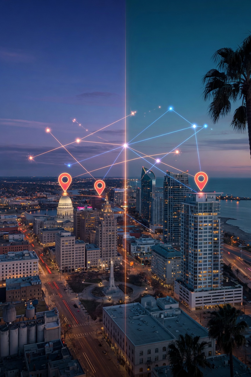 Indianapolis and San Diego skylines connected by marketing network visualization